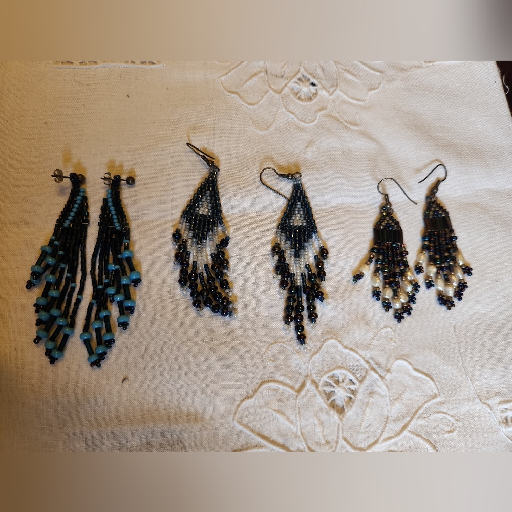 Lot Of 3: Earrings Native American Seed Bead, Southwestern Blue Black Fringe EUC
